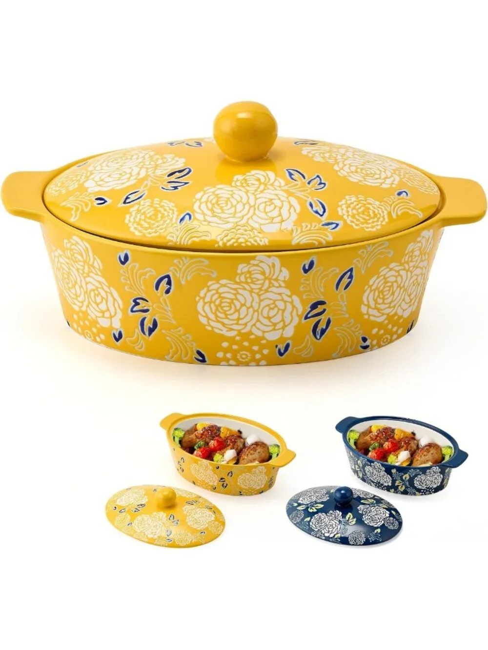 Yellow Ceramic Casserole Dish with Lid - Oval Baking Pan for Lasagna & Bread